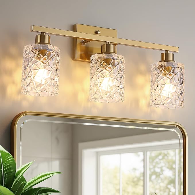 Mecgirn Stainless Steel Bathroom Vanity Light Over Mirror, 3 Light Brushed Gold Bathroom Light Fixtures with Textured Glass Shades,Ceramic E26 Sockets Wall Mounted Vanity Lights for Bathroom