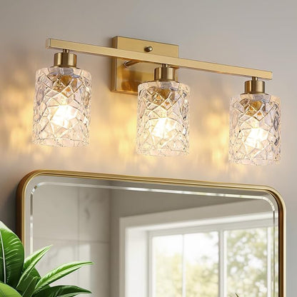 Mecgirn Stainless Steel Bathroom Vanity Light Over Mirror, 3 Light Brushed Gold Bathroom Light Fixtures with Textured Glass Shades,Ceramic E26 Sockets Wall Mounted Vanity Lights for Bathroom