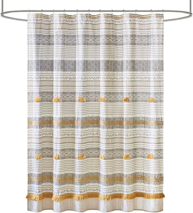 INK+IVY Cody Shower Curtain for Bathroom, Cotton, 72 x 72, Gray/Yellow | Adds Privacy, Machine Washable, Striped Pattern, Boho, OEKO-TEX Certified