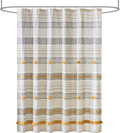 INK+IVY Cody Shower Curtain for Bathroom, Cotton, 72 x 72, Gray/Yellow | Adds Privacy, Machine Washable, Striped Pattern, Boho, OEKO-TEX Certified