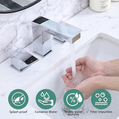Bathroom Faucet 3 Hole, 8 Inch Widespread Bathroom Sink Faucets, 2 Handle Bathroom Faucets for Sink, Modern Rv Lavatory Vanity Faucet with Pop Up Drain and Supply Hoses, Chrome
