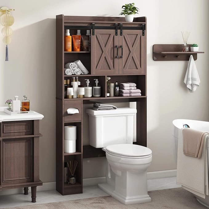 Vabches Over The Toilet Storage Cabinet with Sliding Doors, Espresso | Farmhouse Storage Cabinet Over Toilet, Home Space-Saving Toilet Rack, Toilet Paper Holder Stand,for Restroom,Bathroom,Laundry