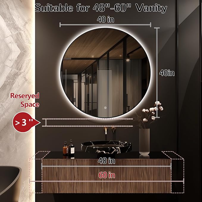 Niccy Round LED Bathroom Mirrors, Black Framed Backlit Vanity Mirror, 40" | LED Smart Circle Mirror with 3 Color Lighting, Anti-Fog Lighted, IP65 Waterproof, Wall Mounted Bathroom Vanity