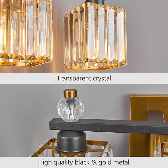 3-Light Modern Crystal Vanity Light - Black Gold Bathroom Light Fixtures Over Mirror