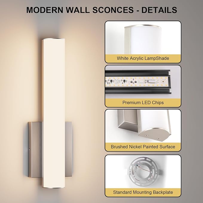 15.7 Inches Modern Bathroom Led Wall Sconces,18W 3000K Hardwired Wall Light with White Acrylic Lampshade,Indoor Bathroom Vanity Light for Mirror Bedroom Living Room Hallway(Nickel,2Pack)