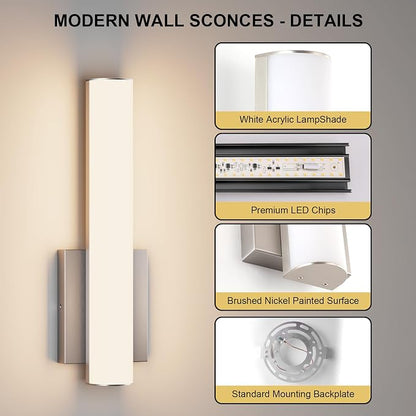 15.7 Inches Modern Bathroom Led Wall Sconces,18W 3000K Hardwired Wall Light with White Acrylic Lampshade,Indoor Bathroom Vanity Light for Mirror Bedroom Living Room Hallway(Nickel,2Pack)