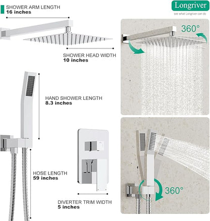 Longriver S200 Shower Faucet Set, Shower System Bathroom High Pressure 10 Inches Rainfall Shower Head with Handheld Spray, Wall Mounted Shower Fixtures with Shower Valve and Trim Kit, Polished Chrome