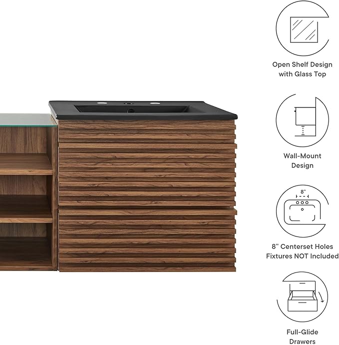 Modway Render 62 Inch Mid-Century Modern Floating Bathroom Vanity with Double Sink in Walnut Black – Wall-Mount Vanity with Storage Cabinet and Dual Ceramic Sinks