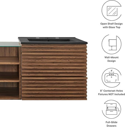 Modway Render 62 Inch Mid-Century Modern Floating Bathroom Vanity with Double Sink in Walnut Black – Wall-Mount Vanity with Storage Cabinet and Dual Ceramic Sinks