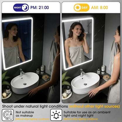 LED Bathroom Mirror, 20x28 in Vanity Mirrors with Backlit Lights for Shaving, Fogless Makeup Mirror Wall Mounted with Demister, Dimmable 3 Color Lighting, IP54, Hand Swipe, Vertically Only