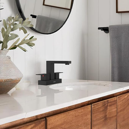 Matte Black Bathroom Sink Faucet, Hurran 4 inch Bathroom Faucets for Sink 3 Hole with Pop-up Drain and Supply Lines, Stainless Steel 2-Handle Faucet for Vanity RV Restroom