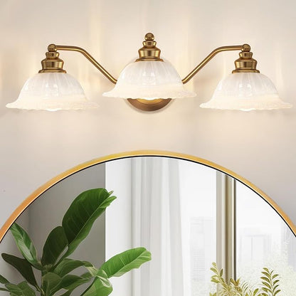 Redluck Vintage Bathroom Vanity Light Fixture, 3-Light Bathroom Lighting Fixtures Over Mirror, Antique Brass Finish with Milk Glass Crystal Glass Shade, Wall Sconces Lighting for Bedroom, Living Room