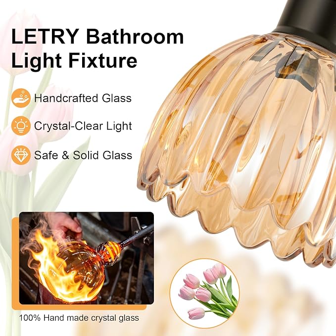 Bathroom Light Fixtures, 3-Light Brushed Black Vanity Lights for Bathroom with Amber Tulip Glass Shade, 20" Vintage Bathroom Vanity Lighting Fixtures Over Mirror for Bedroom Living Room Hallway