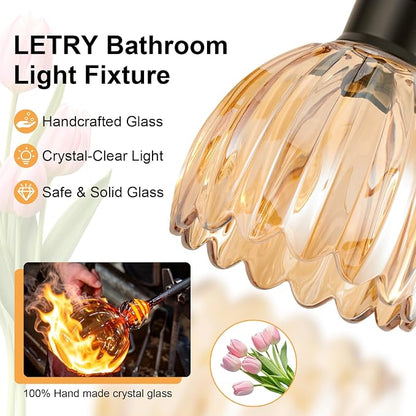 Bathroom Light Fixtures, 3-Light Brushed Black Vanity Lights for Bathroom with Amber Tulip Glass Shade, 20" Vintage Bathroom Vanity Lighting Fixtures Over Mirror for Bedroom Living Room Hallway