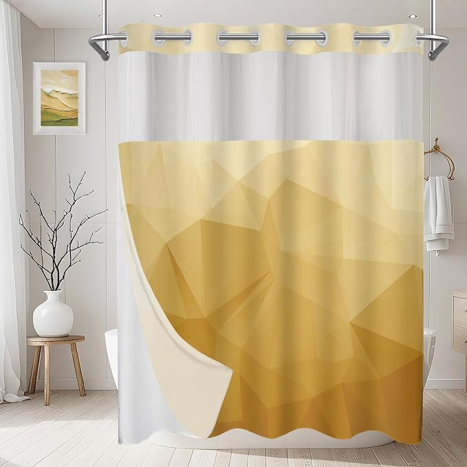 No Hook Shower Curtain with Snap in Liner Set, Yellow, 71x74 | Waterproof Fabric for Bathroom, Modern Hotel Style Ombre Design, Mesh Top Window, Machine Washable, Quick Install