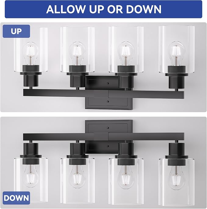 Hasipu Modern Bathroom Light Fixtures, 4 Light Black Vanity Lights | HD Clear Round Glass Shade, Durable Metal, Standard E26 Socket, Easy Installation, Farmhouse Bathroom Lighting