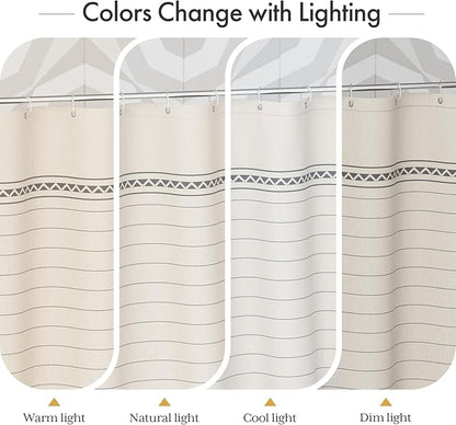 AmazerBath Boho Shower Curtain Set, Grey Shower Curtain with Tassels, Rustic Faux Linen Gray Striped Modern Farmhouse Shower Curtain with Hooks, Light Tan Toned, 72x72 Inches