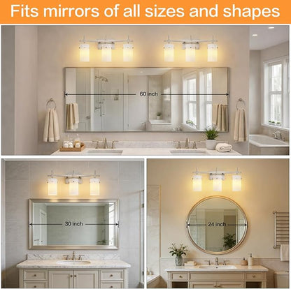 SOLFART Brushed Nickel Bathroom Light Fixtures, 3-Light Modern Vanity Light Over Mirror, Wall Sconces with Milky White Frosted Glass Shades, E26 Socket (Bulbs Not Included)