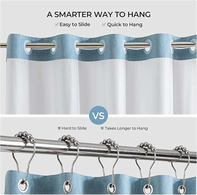 River Dream Linen Textured No Hooks Shower Curtain with Liner,Blue,71x74 | Mesh Top Window,with Snap-in Liner,Heavy Duty Fabric,Quick Dry,Bottom Magnets,Water-Repellent,Washable,Farmhouse Bathroom Set