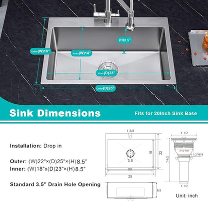 25x22 Inch Drop in Kitchen Sink 18 Gauge Stainless Steel Brushed | Single Bowl Single Hole Topmount Sink, 25"x22"x8.5" Large Basin for Family Kitchen, Bar and Prep Area