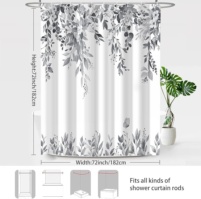 Grey Floral Eucalyptus Shower Curtain with Hooks, 72x72 Inch | Waterproof Fabric, Watercolor Leaves and Floral, Botanical Style, Machine Washable, Quick-Drying, for Hotel Bathroom