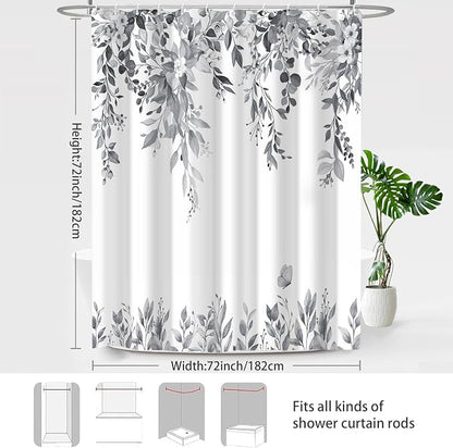 Grey Floral Eucalyptus Shower Curtain with Hooks, 72x72 Inch | Waterproof Fabric, Watercolor Leaves and Floral, Botanical Style, Machine Washable, Quick-Drying, for Hotel Bathroom