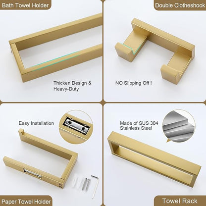 Lairuier Brushed Gold Bathroom Hardware Accessories, 4PCS Towel Bar Set | Including Towel Bar, Towel Holder, Toilet Paper Holder, Towel Hook, SUS304 Stainless Steel Bathroom Towel Holder Hardware Set