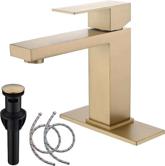 Brushed Gold Bathroom Faucets Single Hole, Single Handle Stainless Steel Faucet for Bathroom Sink with Pop Up Stopper, Gold Vanity Faucet AML-1141-BG