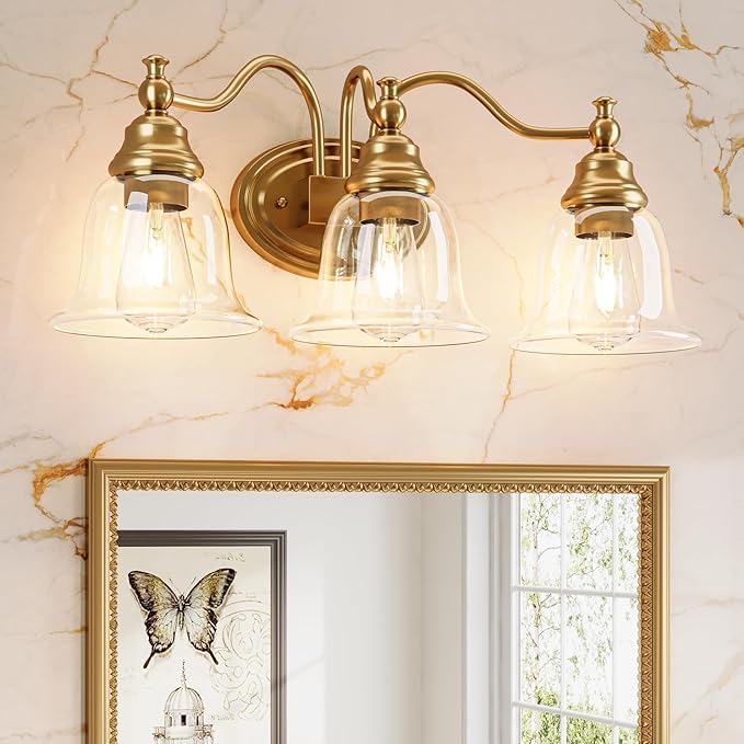 Tribesigns 3-Light Bathroom Light Fixtures, Modern Vanity Light with Clear Glass Shade, Bathroom Wall Lamp for Mirror Living Room Kitchen Hallway Porch, E26 Base, Bulbs Not Included (Gold)