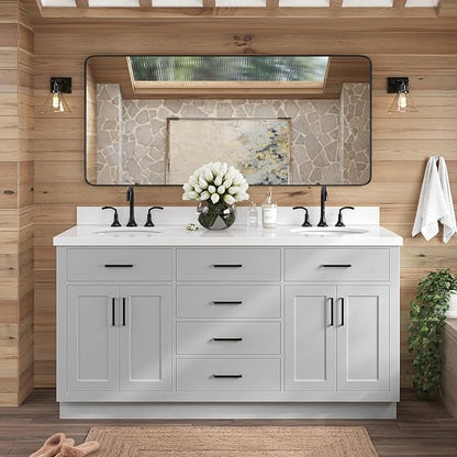 ARIEL Hepburn 66-inch Bathroom Vanity with Sink,Solid Wood, 1.5-inch Pure White Quartz Countertop & Backsplash, Double Oval Porcelain Sink, 4 Soft Closing Doors, 6 Dovetail Drawers, Grey