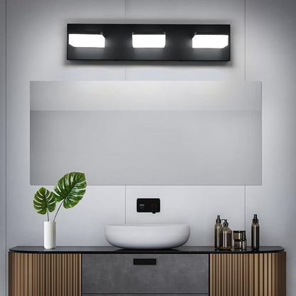 GOODATE 3 Colors Dimmable Black Bathroom Light Fixtures Over Mirror, LED Vanity Lights, Acrylic Stainless Steel 3 Light Bathroom Vanity Light Fixtures, Adjustable 3000K/4000K/6000K, 360° Rotate