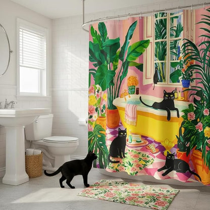 Accnicc Boho Cat Shower Curtain Cute Funny Black Cats Matisse Shower Curtains for Bathroom Green Tropical Plants Flowers Pink Yellow Decorative Waterproof Fabric Bath Curtain Decor 72 X 72 Inches