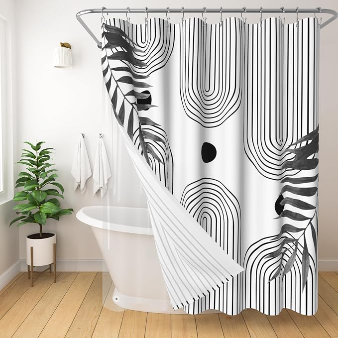 3 in 1 Shower Curtain Set, Boho Mid Century Modern | Black and White Leaf Polyester Bath Curtain with Magnetic PEVA Liner and 12 Double Sided Stainless Steel Hooks, 72x72 Inches