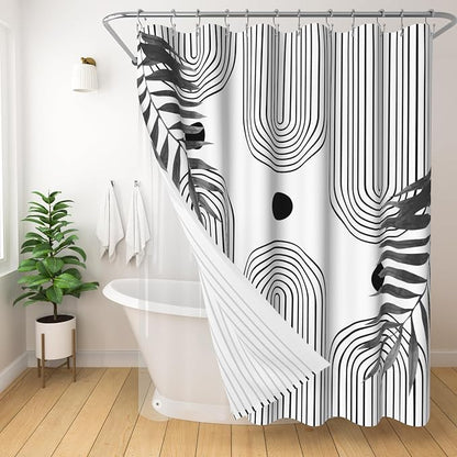 3 in 1 Shower Curtain Set, Boho Mid Century Modern | Black and White Leaf Polyester Bath Curtain with Magnetic PEVA Liner and 12 Double Sided Stainless Steel Hooks, 72x72 Inches
