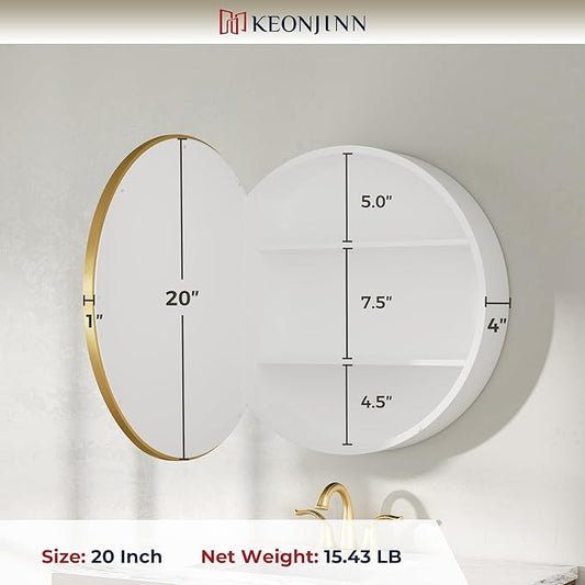 Keonjinn 20x20 Inch Round Gold Medicine Cabinet Mirror for Bathroom, Gold Surface Mount Medicine Cabinet with Mirror, Circular Framed Mirrored Medicine Cabinets, Modern Cabinet with Vanity Mirrors
