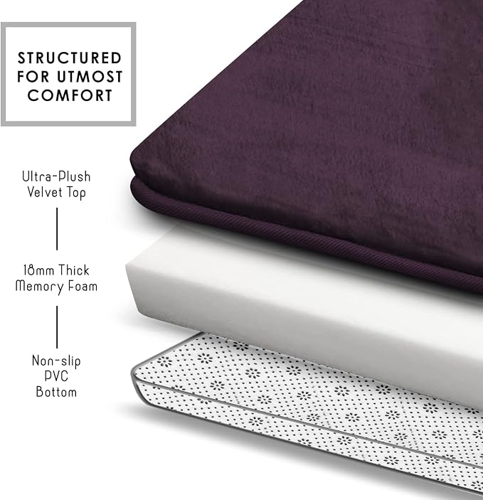 Clara Clark 2 Piece Bathroom Rugs, Velvet Memory Foam Bath Mat Set, Non-Slip Bath Rugs, Machine Wash, Dries Quickly, Ultra Soft Plush Bath Mats for Bathroom, 20 x 32 + Contour, Dark Purple