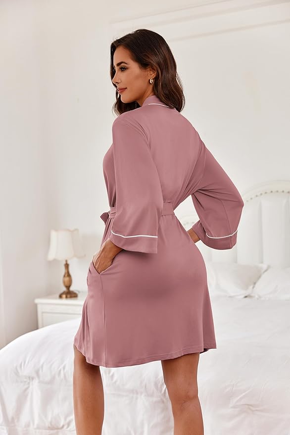 Ekouaer Women Kimono Robes Knee Length Knit Bathrobe Lightweight Soft Sleepwear V-neck Casual Ladies Loungewear