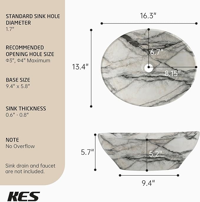 KES 16 x 13 Inch Oval Marble Pattern Vessel Sink Above Counter, Ceramic Porcelain Bathroom Sink Bowl for Vanity Countertop, Modern Look, No Overflow, Sink Only, BVS124-MG