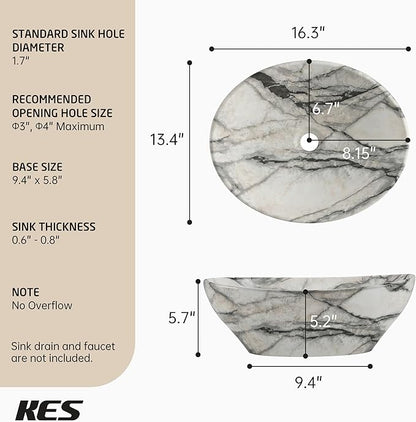 KES 16 x 13 Inch Oval Marble Pattern Vessel Sink Above Counter, Ceramic Porcelain Bathroom Sink Bowl for Vanity Countertop, Modern Look, No Overflow, Sink Only, BVS124-MG