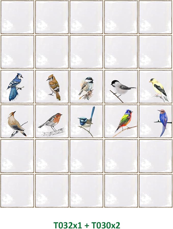 Alwayspon Vinyl Sticker Peel and Stick, Self-Adhesive Wall Tile Transfers Backsplash Sticker Decal for Kitchen Bathroom, 6x6inch/15x15cm 30Pcs, Birds T032