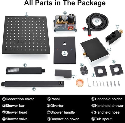 Midanya Shower System with Tub Spout,12 Inch Shower Head,Matte Black | with Valve & Trim Kit,Square Rain Head,Handheld Sprayer,Waterfall Spout,All Metal Wall Mount Bathroom Shower Tub Faucet Set