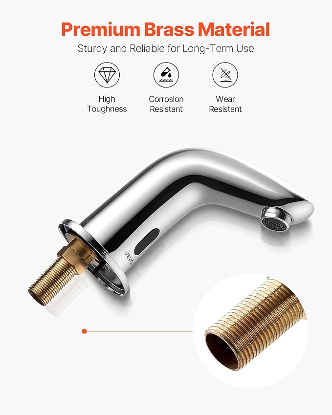 VEVOR Touchless Bathroom Sink Faucet, Automatic Motion Sensor Restroom Toilet Faucet Cold Water with Hole Cover Plate, Battery Operated for 9/16 in Pipe Commercial Lavatory,Chrome Plated Silver G112M