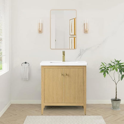 HOMEBEYOND 30" Bathroom Vanity with Ceramic Sink, Solid Wood Free-Standing Vanities Cabinet, Ceramic Top, Golden Brushed Handware & Soft Closing Door, Natural Oak