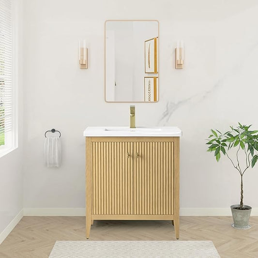 HOMEBEYOND 30" Bathroom Vanity with Ceramic Sink, Solid Wood Free-Standing Vanities Cabinet, Ceramic Top, Golden Brushed Handware & Soft Closing Door, Natural Oak
