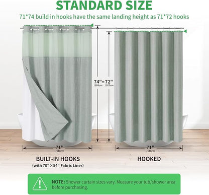eachope No Hook Fabric Shower Curtain with Snap-in Liner,71x74 Sage Green | Linen Texture,230GSM Thick Fabric,Hotel Luxury Decor,Mesh Window,Bottom magnetic ,Waterproof & Machine Washable,for Bathroom