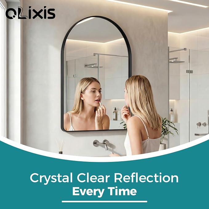 OLIXIS 30x20 Inch Arched Bathroom Wall Mirror, Rounded Rectangle, Black | Modern Wall Mount Vanity Mirror for Over Sink with Matte Metal Deep Framed, for Home Decor, Living Room