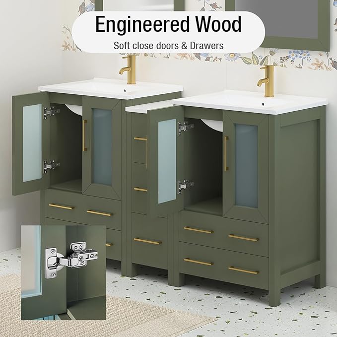 HOMEBEYOND 60 Inch Modern Bathroom Vanity with Sink & Mirror, Double Sink Vanity Cabinet with Basin and Mirror, Dove-Tailed Drawers, Soft-Closing Doors, Wood, Vintage Green