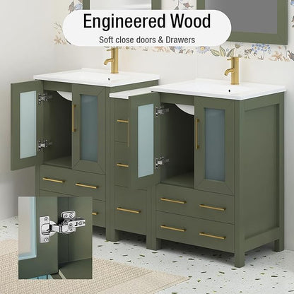 HOMEBEYOND 60 Inch Modern Bathroom Vanity with Sink & Mirror, Double Sink Vanity Cabinet with Basin and Mirror, Dove-Tailed Drawers, Soft-Closing Doors, Wood, Vintage Green