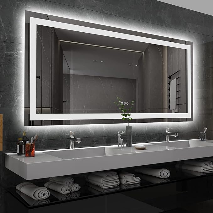 LED Bathroom Mirror, 60"X36" with Front Light and Backlit | Stepless Dimmable, Anti-Fog, Shatter-Proof, HD Reflection, Memory, 3 Colors Lighting, UL Listed (Horizontal/Vertical).