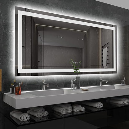 LED Bathroom Mirror, 60"X36" with Front Light and Backlit | Stepless Dimmable, Anti-Fog, Shatter-Proof, HD Reflection, Memory, 3 Colors Lighting, UL Listed (Horizontal/Vertical).